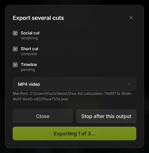 Export several cuts, half way through