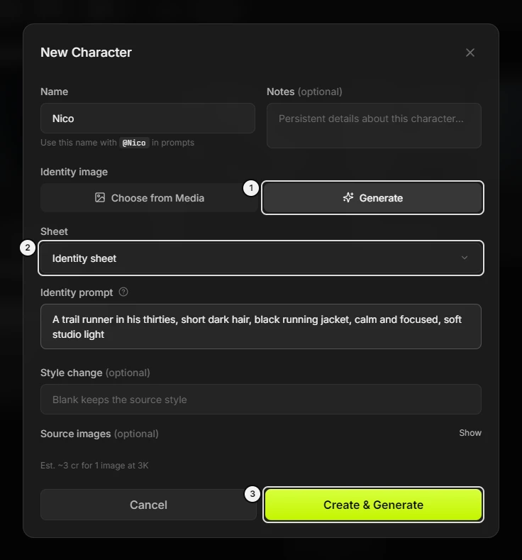 New Character, with Generate chosen