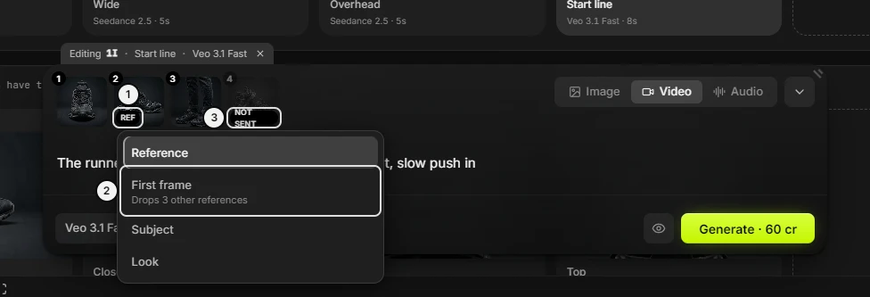 A reference tile’s Role menu