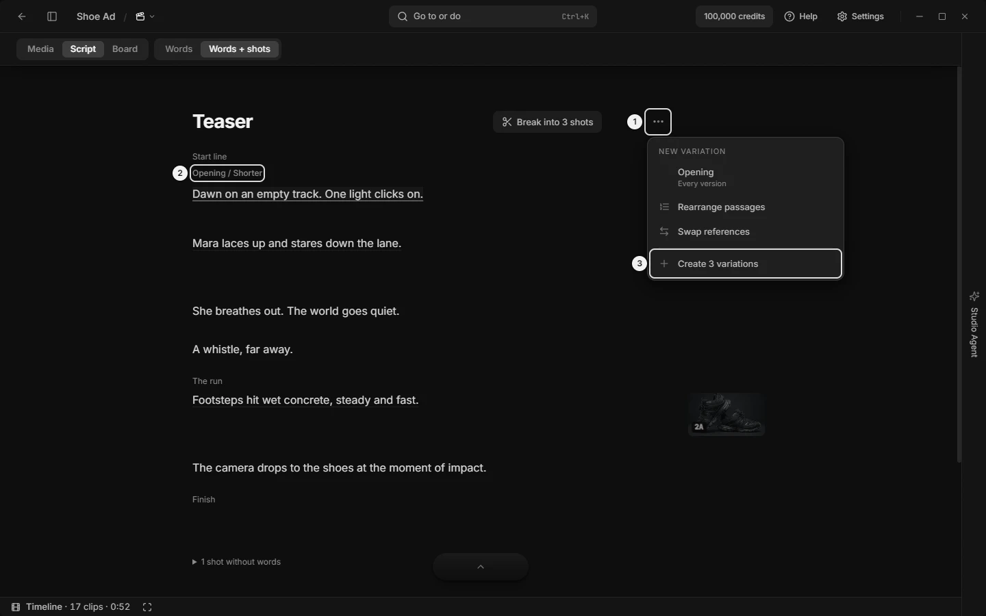 The New variation popover on the Script tab