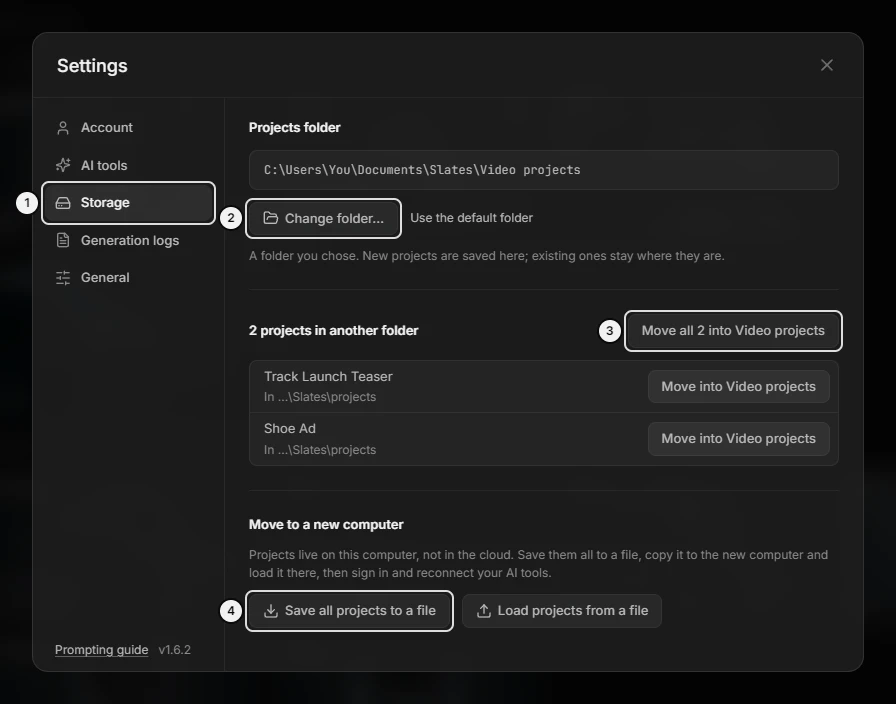 Settings: the Storage pane with projects in another folder